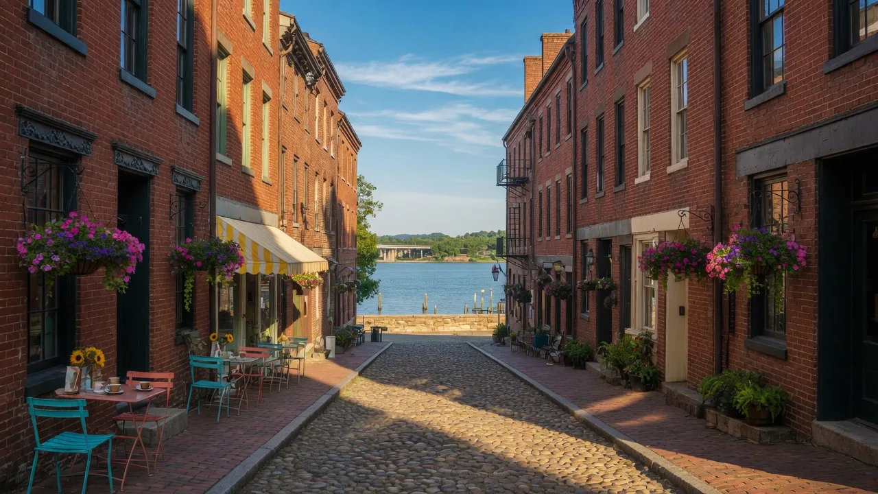Historic brick buildings and cobblestone alley in Old Towne Petersburg, Virginia on a bright summer morning with warm sunlight and blue sky
