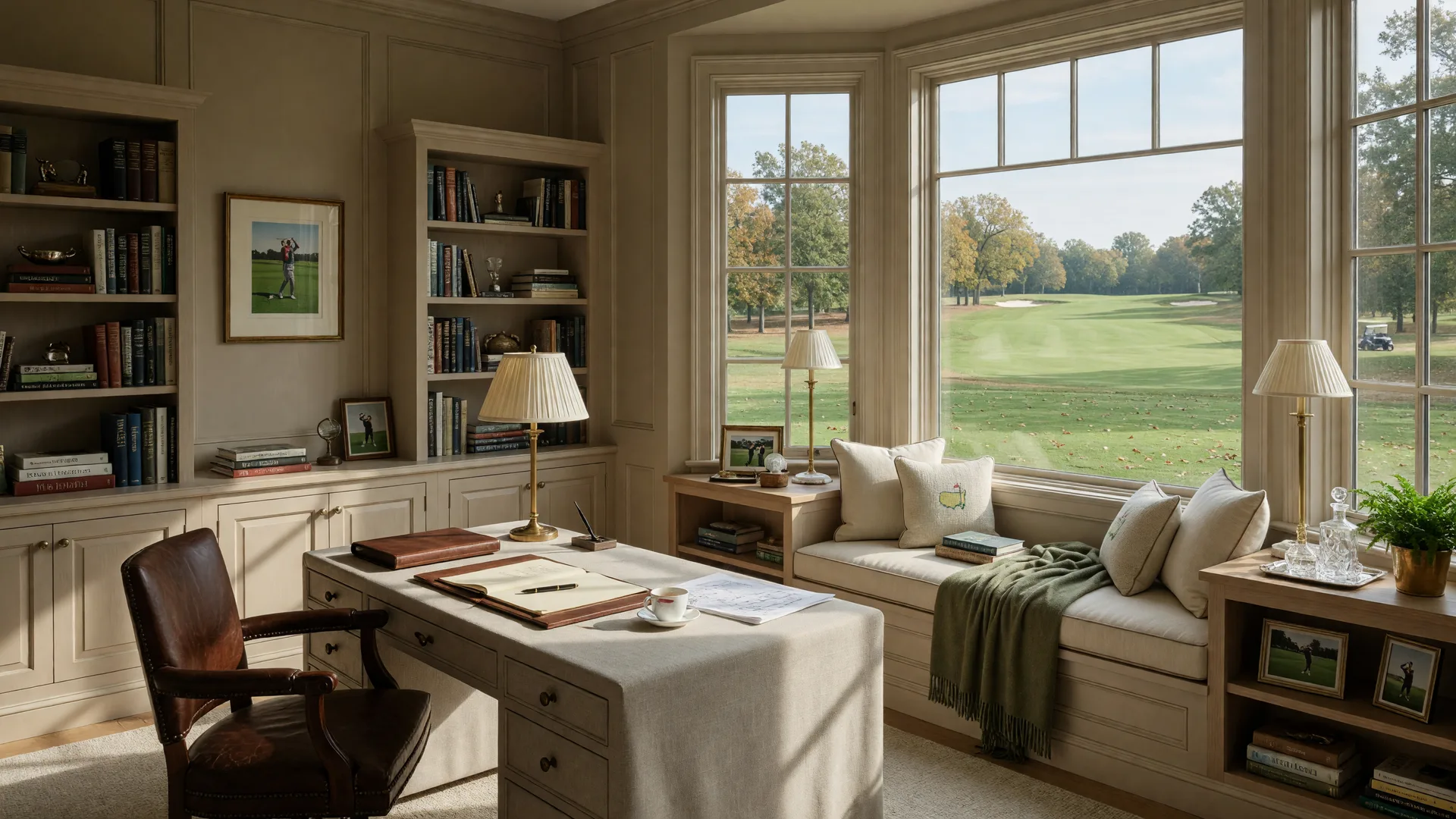 A luxury home office with built-in bookshelves and a cozy window-seat reading nook in an upscale golf community estate