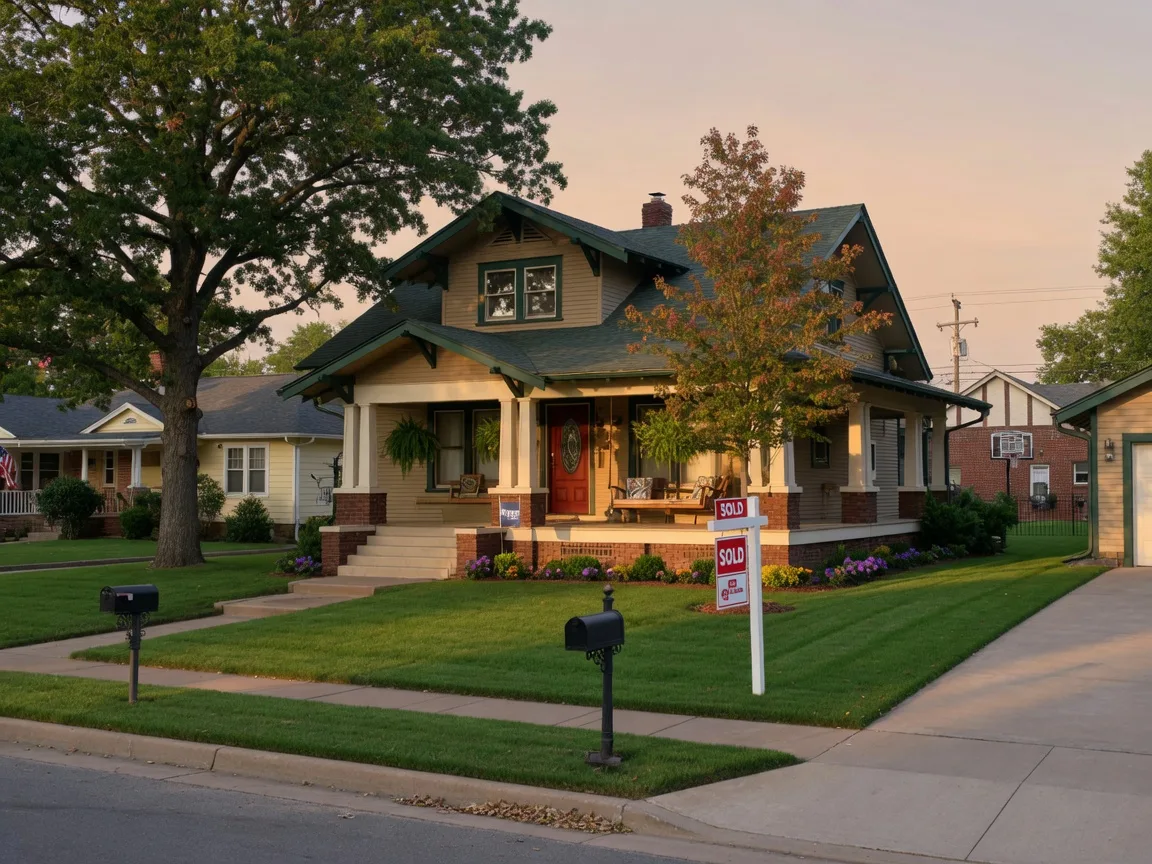 Craftsman-style suburban home in Tulsa with a Sold sign in the front yard and mature trees