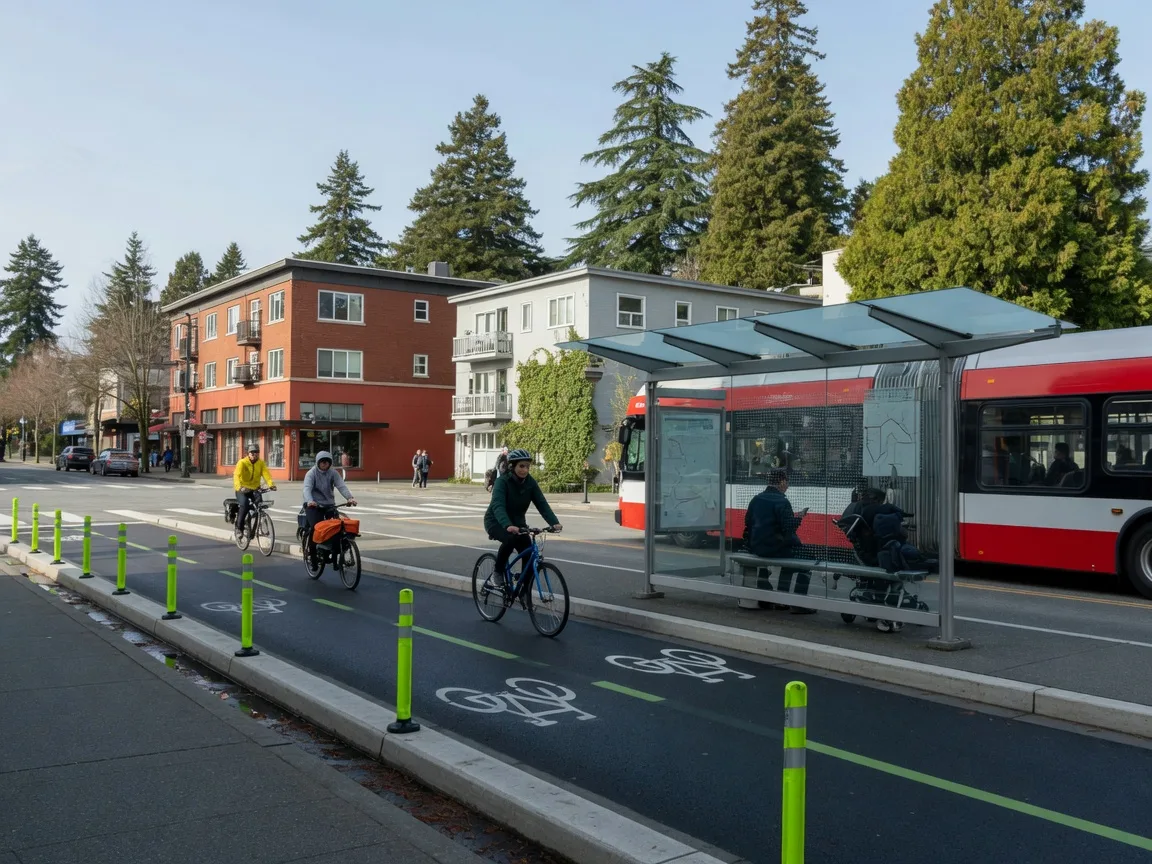 A bright Victoria BC street with a modern transit bus shelter, a protected bike lane with cyclists, and evergreen trees