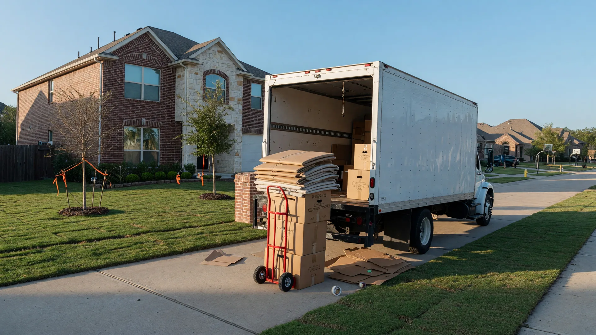 Illustrative image of a moving truck outside a suburban Texas home on a moving day