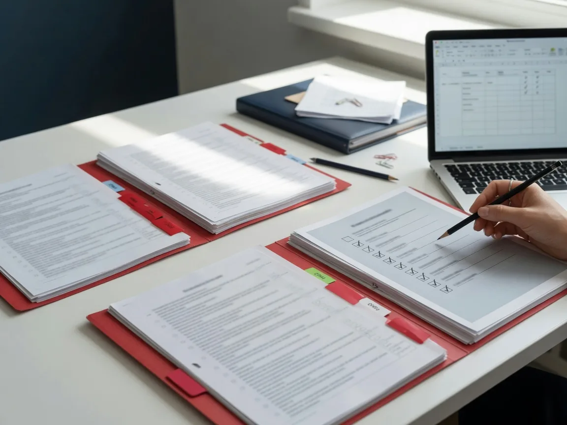 Fanned red-tab folders and a printed checklist on a desk during a systematic short-sale file review.