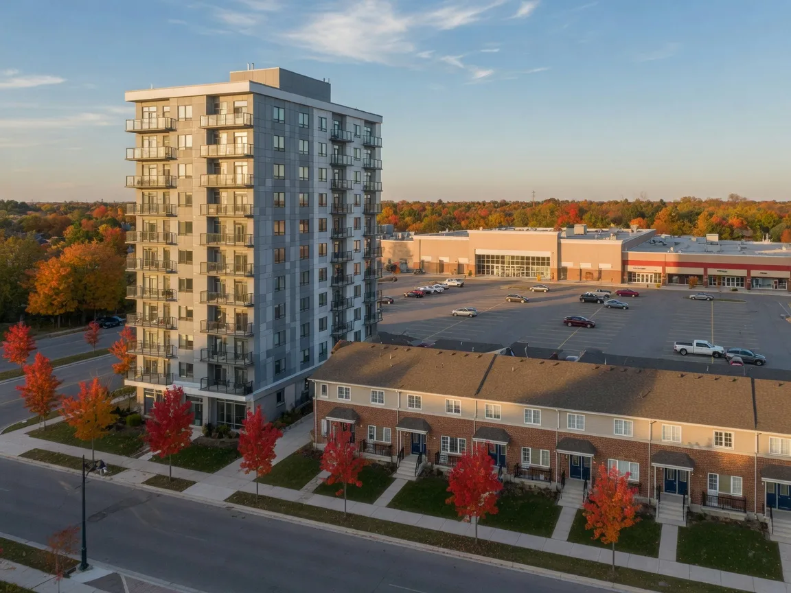 A new mid-rise condo tower beside freehold townhomes and retail in north Oshawa near Simcoe Street North