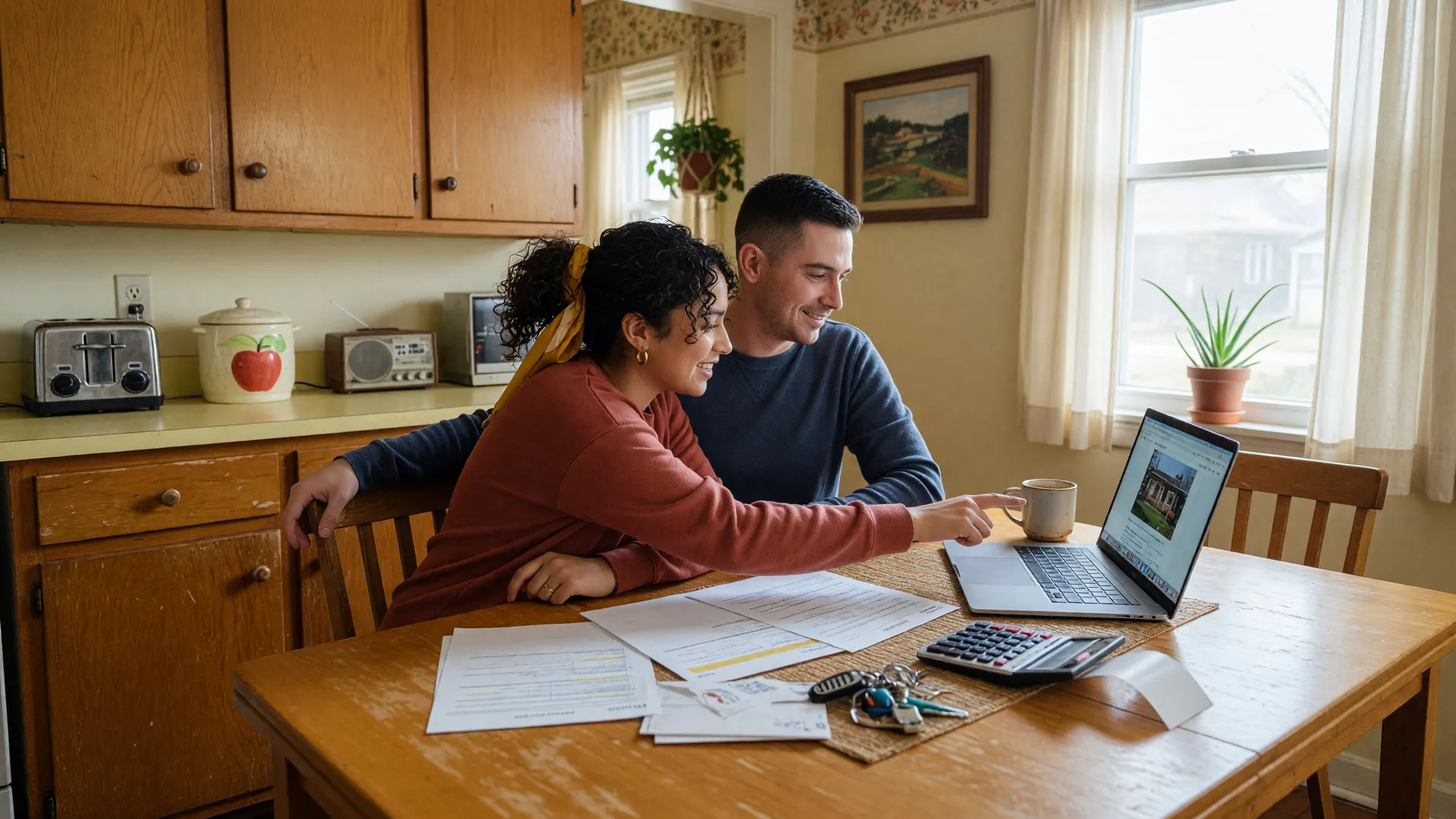 A young couple reviewing mortgage affordability documents and a laptop at a kitchen table in a cozy Dayton Ohio bungalow with natural light