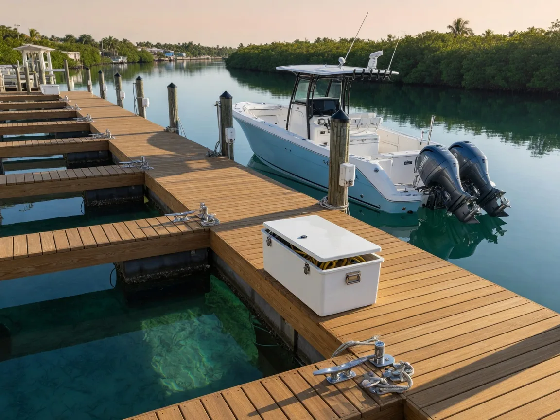 Luxury floating dock in a Florida Keys deep-water canal with teak decking, polished stainless steel hardware, and a center-console boat in turquoise water at morning light
