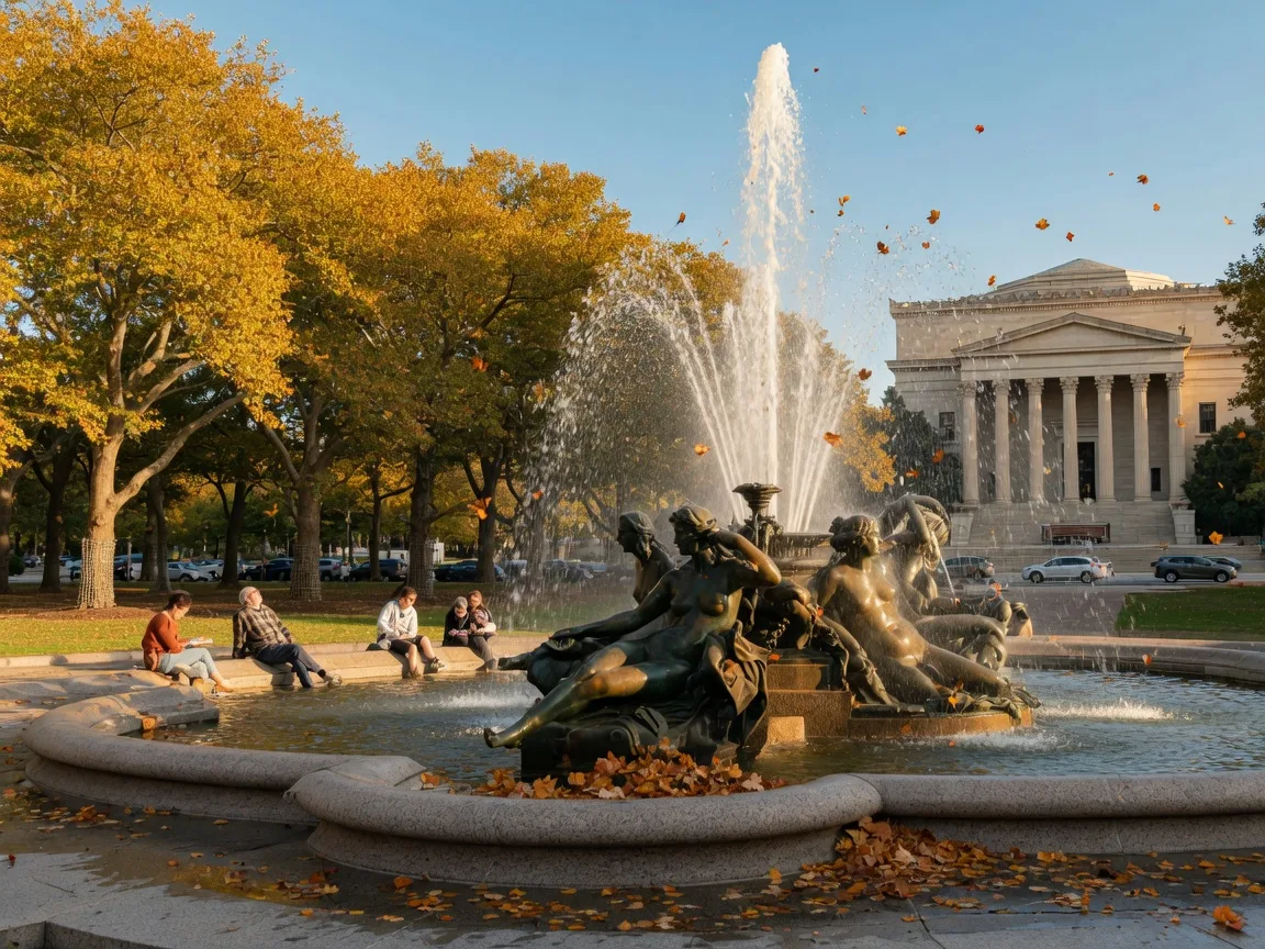 The Swann Memorial Fountain at Logan Circle in autumn, its bronze river figures and tall water jets catching the light with the Free Library of Philadelphia beyond the trees