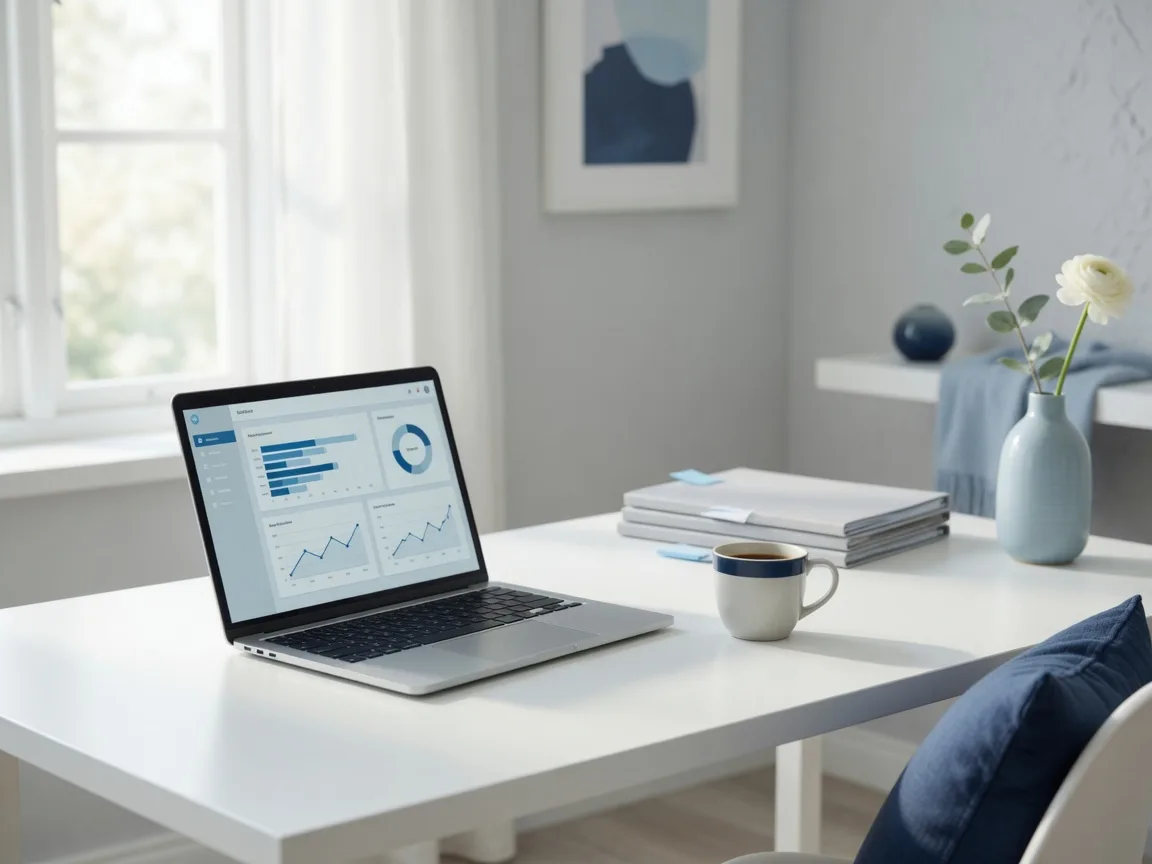 A bright modern agent workspace with a laptop showing a light dashboard, in soft daylight