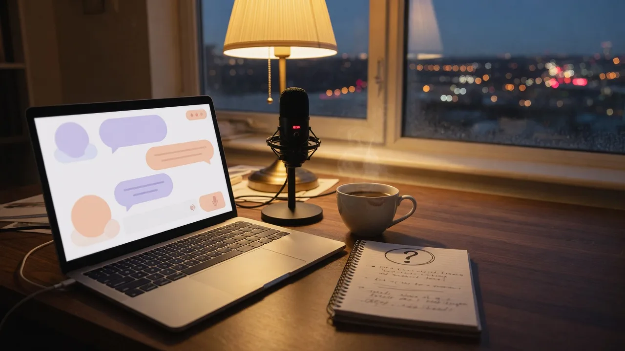 An evening desk setup for a live Q&A: laptop with chat window, broadcast microphone, notepad, and coffee under a warm lamp