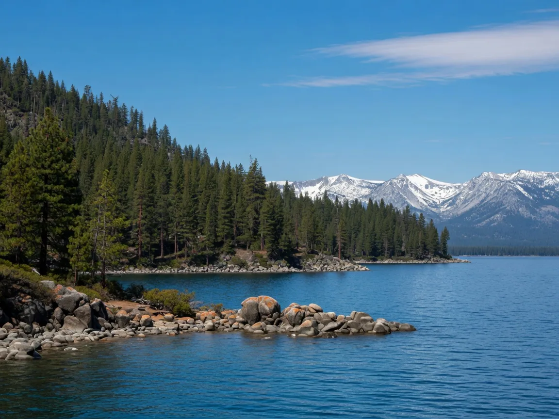 Lake Tahoe shoreline with pine forest and Sierra Nevada peaks