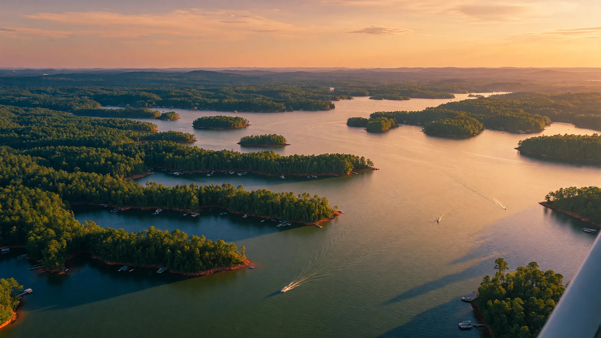 Aerial view of Lake Murray at sunset