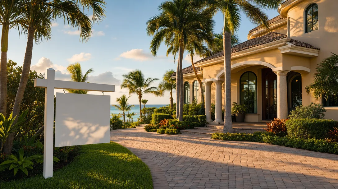 Luxury coastal Florida home entrance with tropical landscaping and palm trees