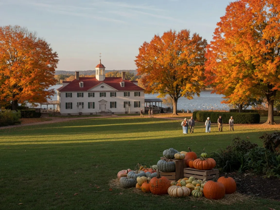 George Washington's Mount Vernon mansion on the Potomac in Fairfax County on an October afternoon, full autumn color on the trees, pumpkins and gourds near the garden, and a few visitors on the paths