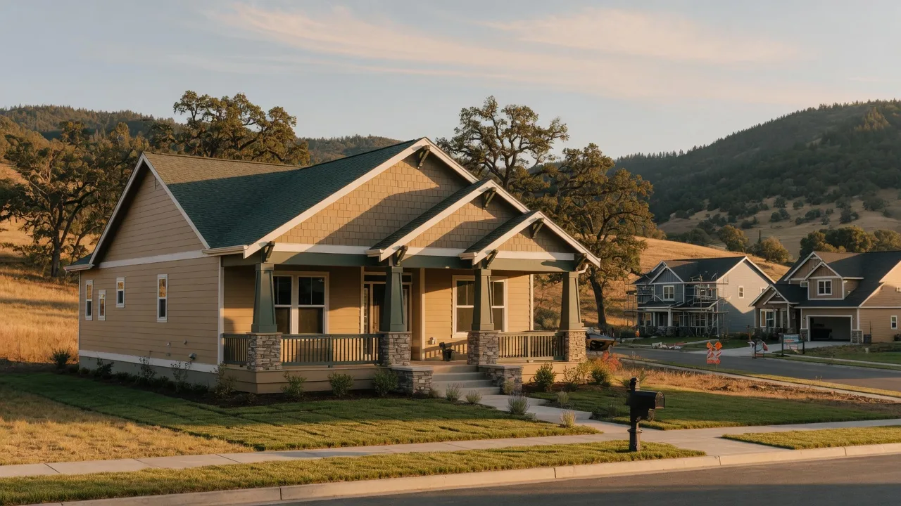 A new single-story craftsman home with a covered porch in a northeast Medford subdivision with the Rogue Valley foothills behind it