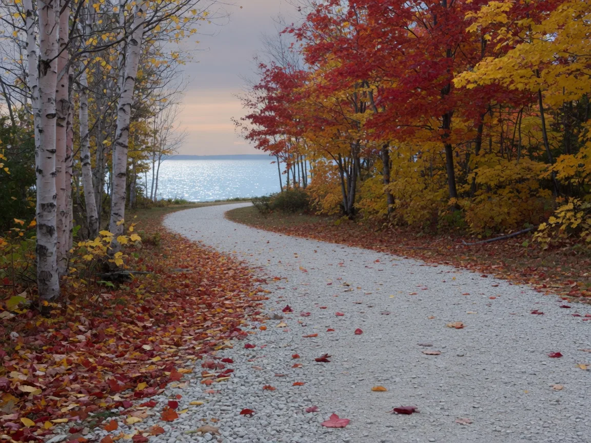 A quiet crushed-limestone walking and biking path on Mackinac Island in autumn, winding between birch and sugar maple trees in gold and crimson with Lake Huron visible in the distance