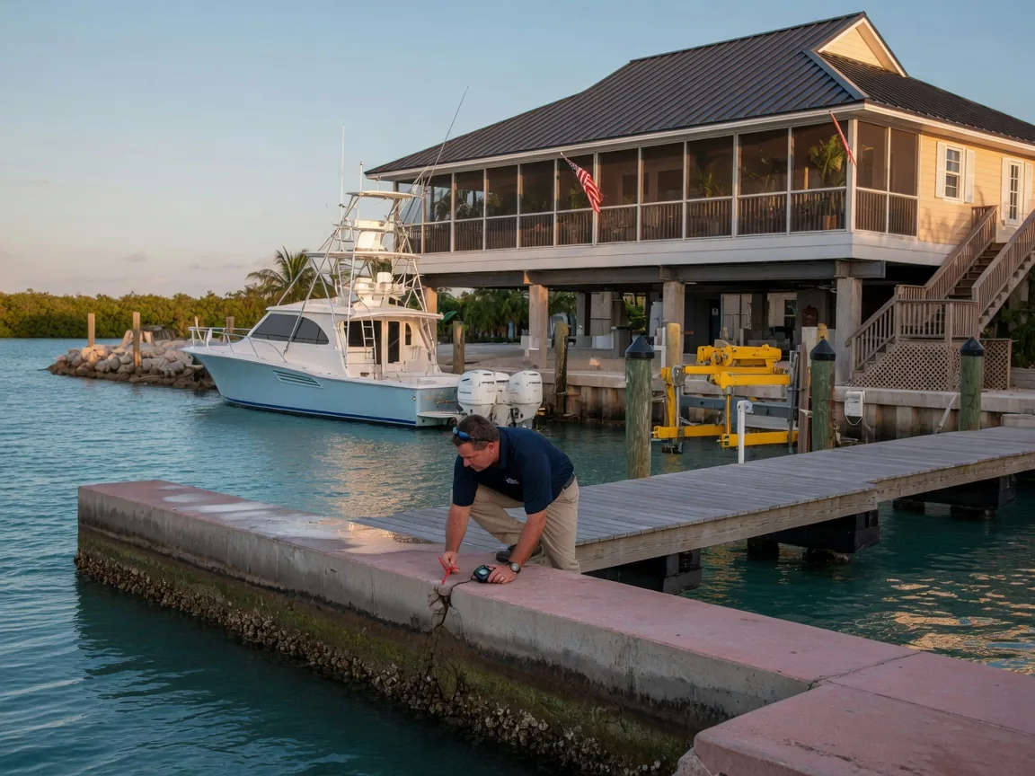 An inspector examining a concrete seawall and wooden dock at the waterline of a deep-water canal in the Florida Keys, a luxury elevated waterfront home with a standing-seam metal roof and a boat lift with a sportfishing yacht above