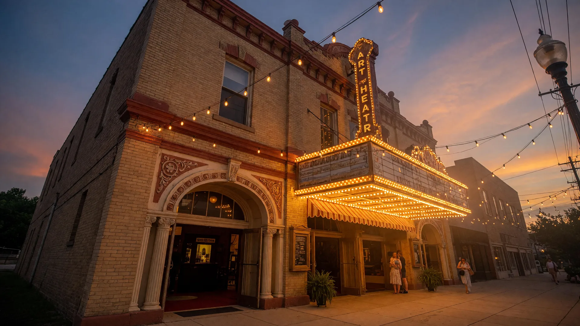 Hobart Art Theatre marquee glowing at twilight in downtown Hobart, Indiana
