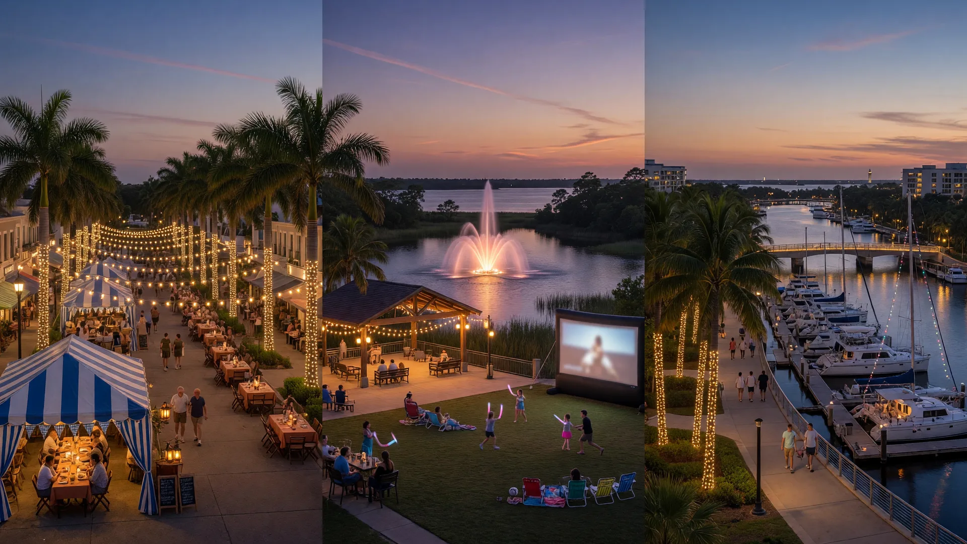 Three vibrant downtown districts in Southwest Florida at dusk in mid-October: a palm-lined Main Street with string lights and an Oktoberfest street celebration, a lakefront town plaza with a fountain and an outdoor movie screen, and a riverwalk promenade with a pedestrian bridge and marina boats