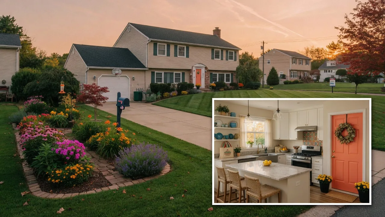 Well-maintained suburban South Jersey home exterior with a modern kitchen inset, landscaped garden, and freshly painted front door