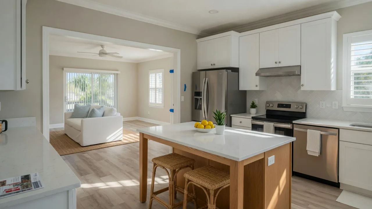 A freshly renovated Florida kitchen with white cabinets and quartz countertops