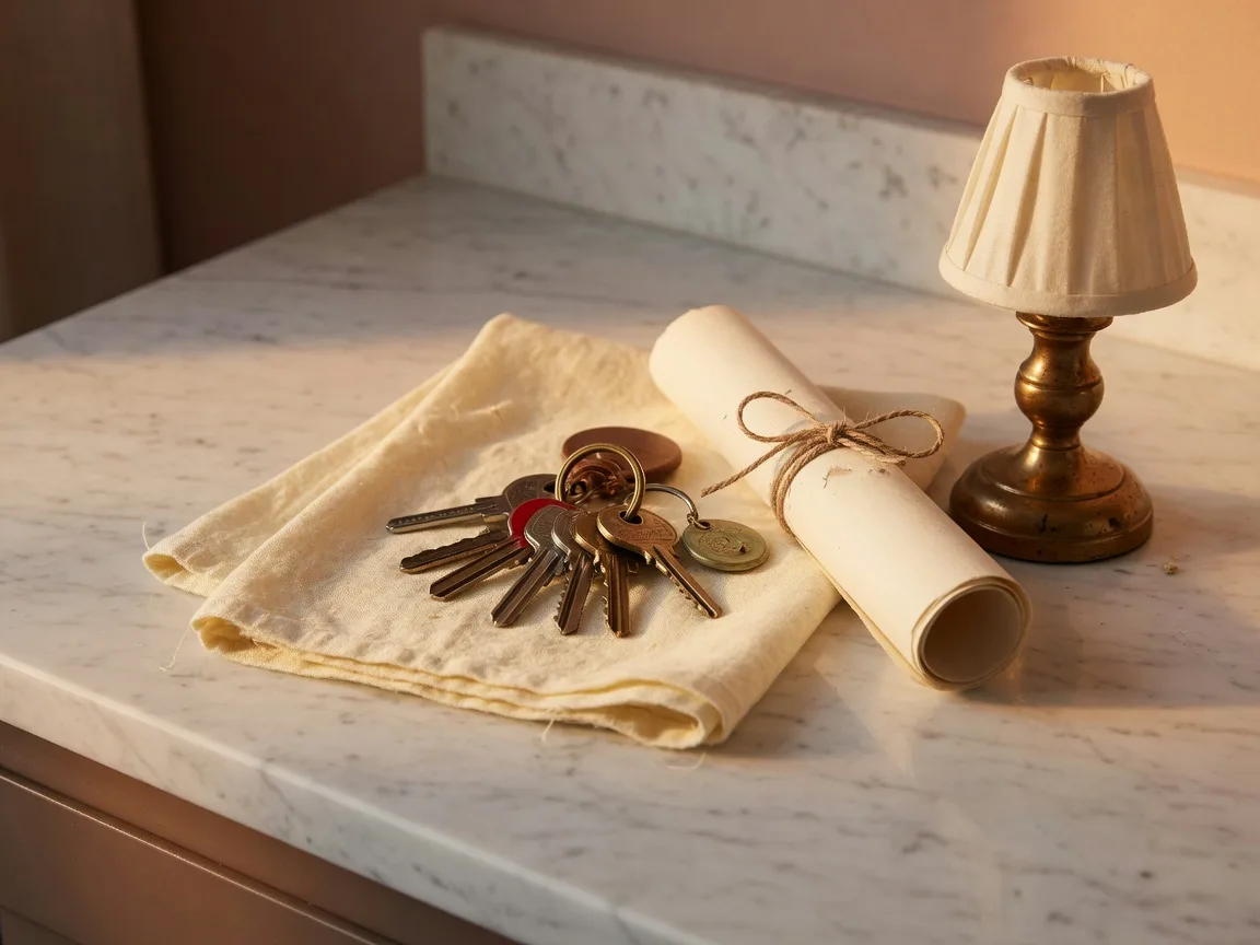 House keys and a rolled contract on a marble counter in golden morning light