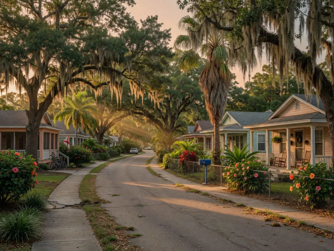 A quiet, tree-lined residential street in Tampa with live oaks draped in Spanish moss and bungalow homes at warm late-afternoon light