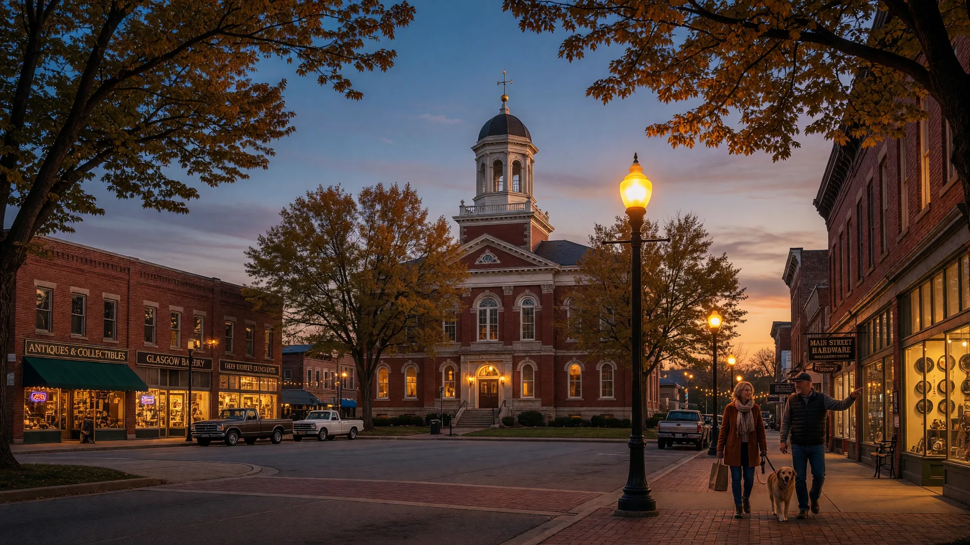 The red-brick courthouse square in Glasgow, Kentucky at blue hour