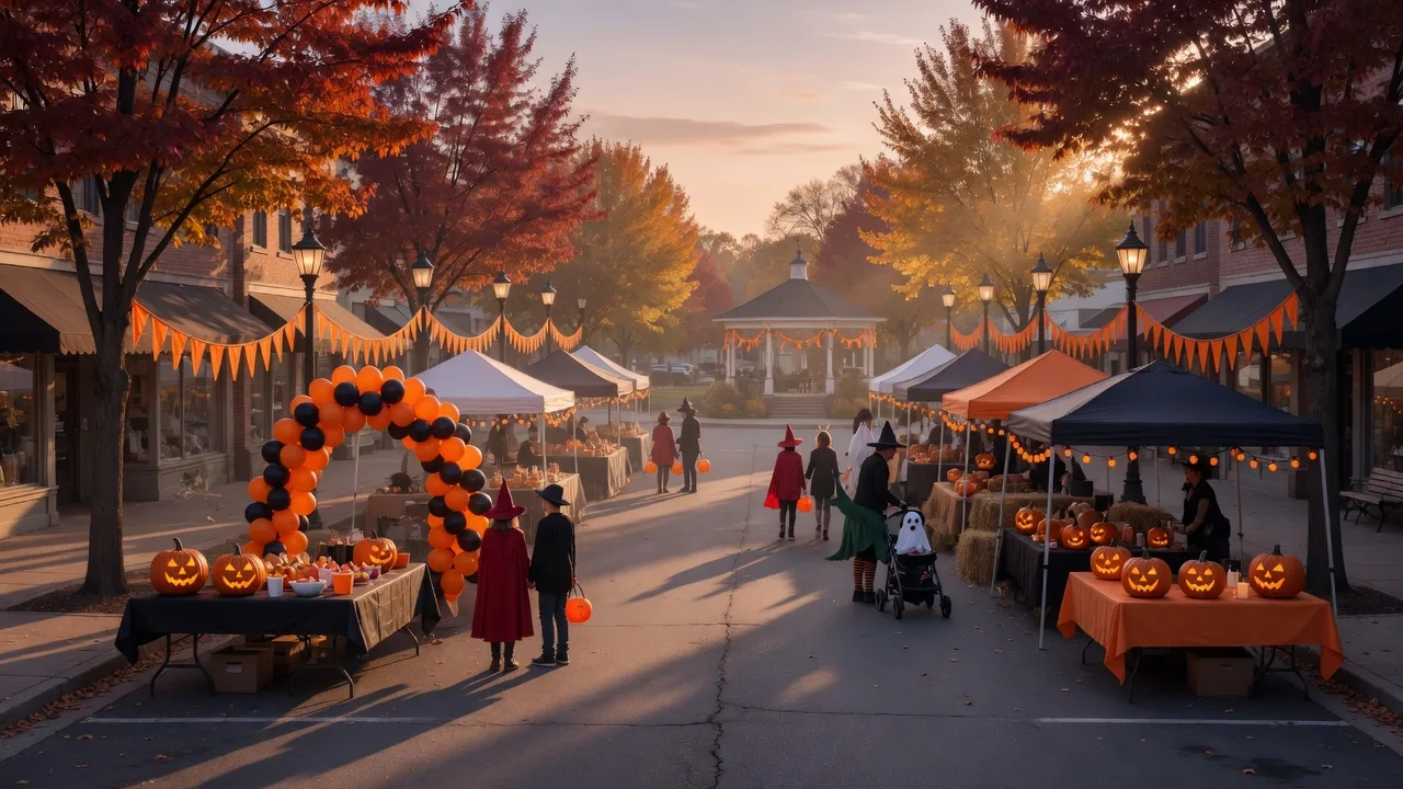 Halloween-decorated booths and balloon arches along a small-town downtown street in fall