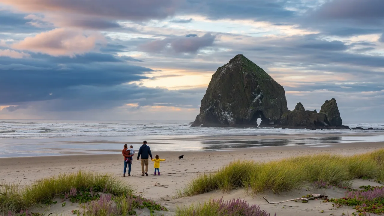Cannon Beach Oregon with Haystack Rock at low tide