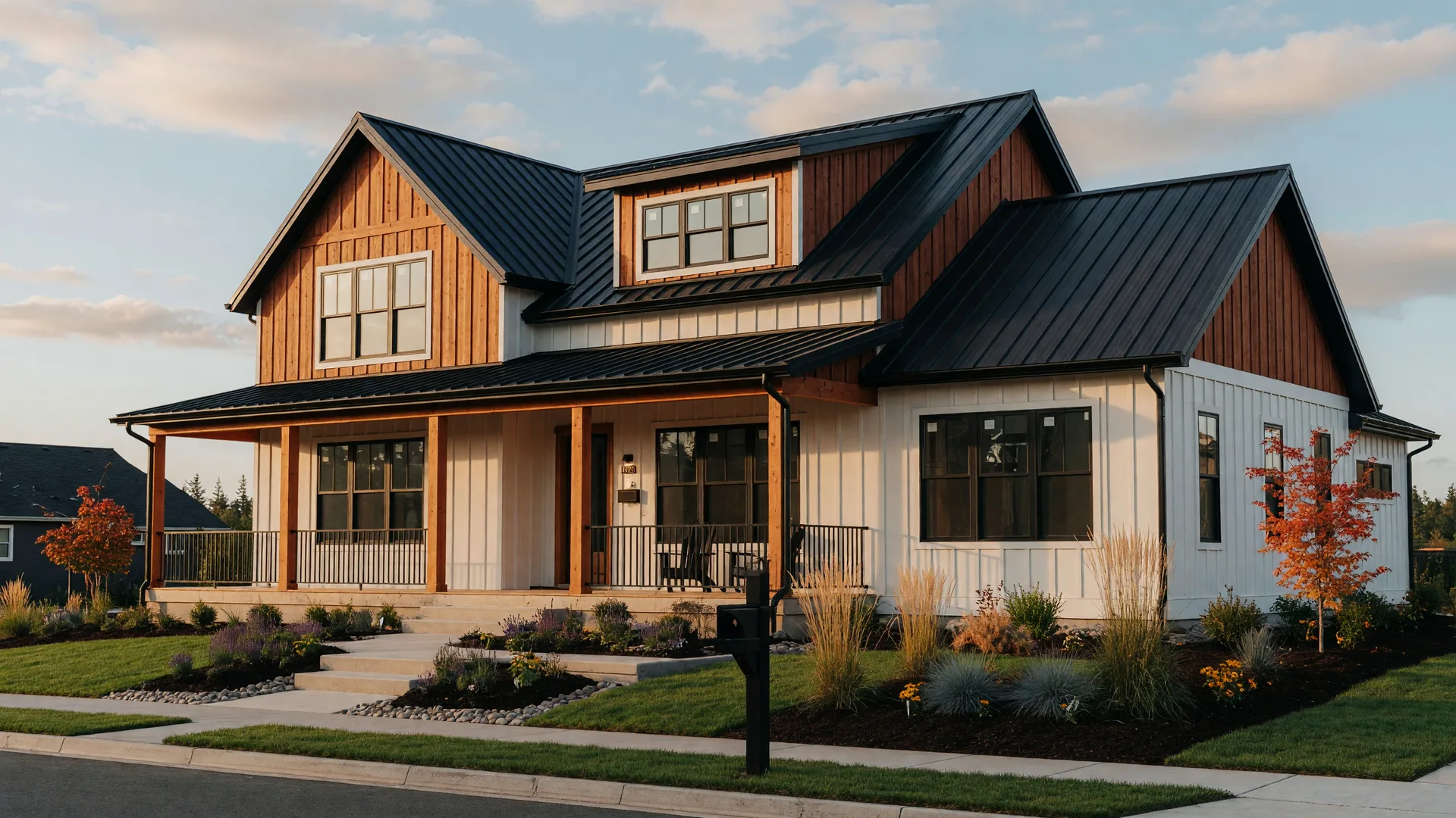 A newly built Pacific Northwest farmhouse with cedar siding, black windows, and fresh landscaping in golden afternoon light.