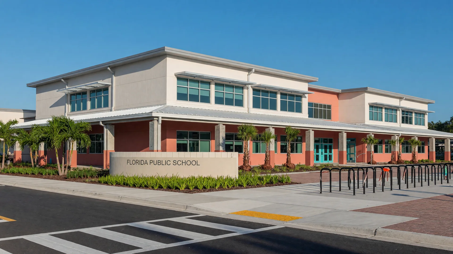 A modern two-story Florida school building with a covered walkway, palm trees, and fresh landscaping on a sunny morning.