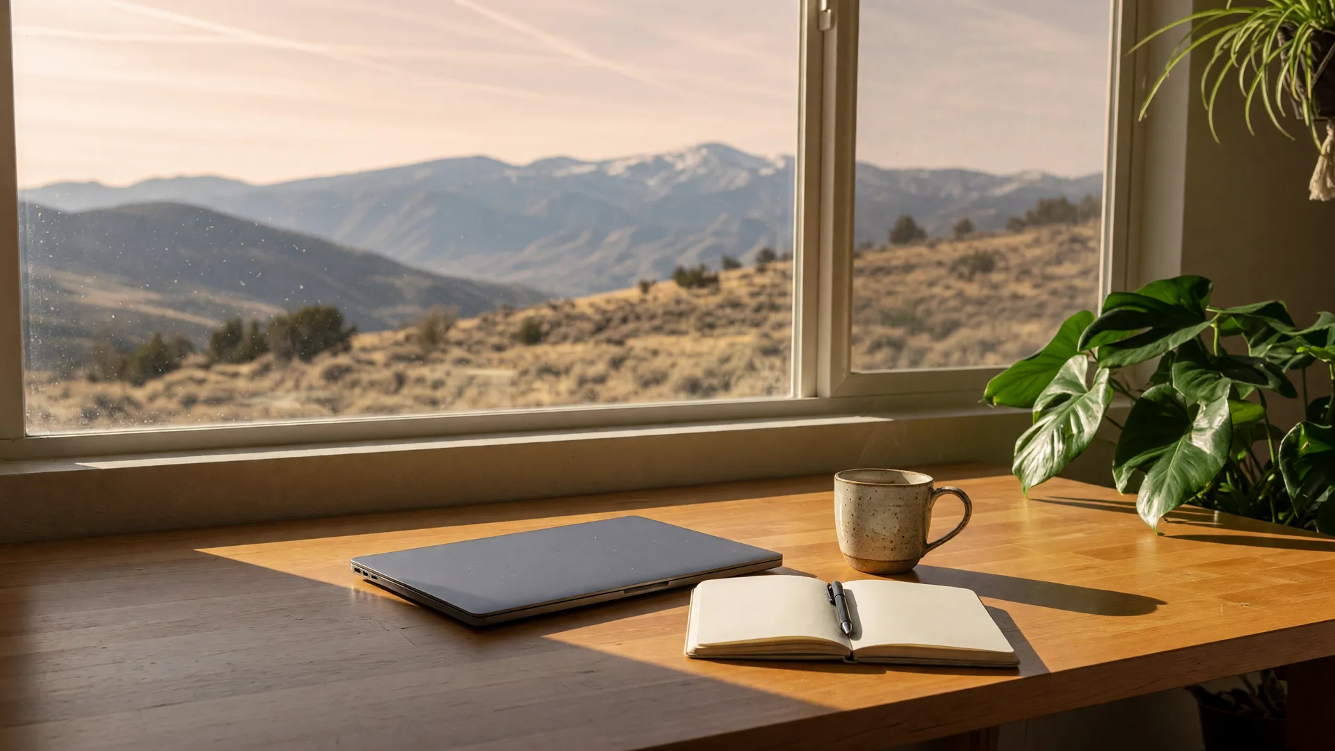A tidy home office desk beside a large window with the Sierra Nevada foothills glowing beyond, a closed laptop and notebook ready for a remote workday.