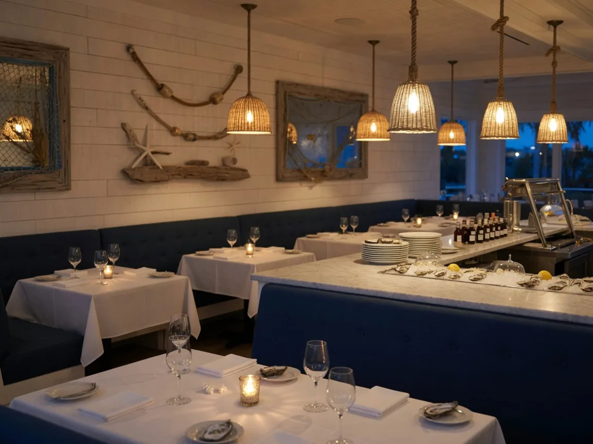 Elegant coastal seafood dining room at Seaside Coastal Kitchen in Suwanee Georgia with white shiplap walls, navy banquettes, white tablecloths, and a marble raw oyster bar beneath rope-detailed pendant lights