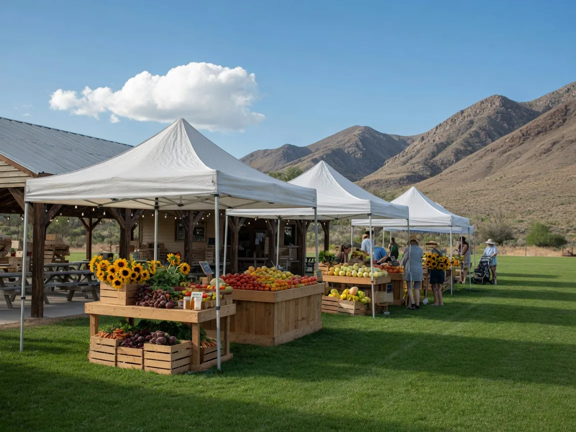 Small-town farmers market with canopy stalls on a summer morning