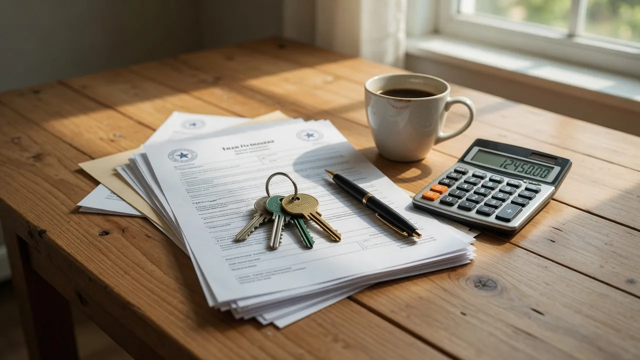 Stack of loan documents with house keys and a calculator on a wooden table at a Texas closing