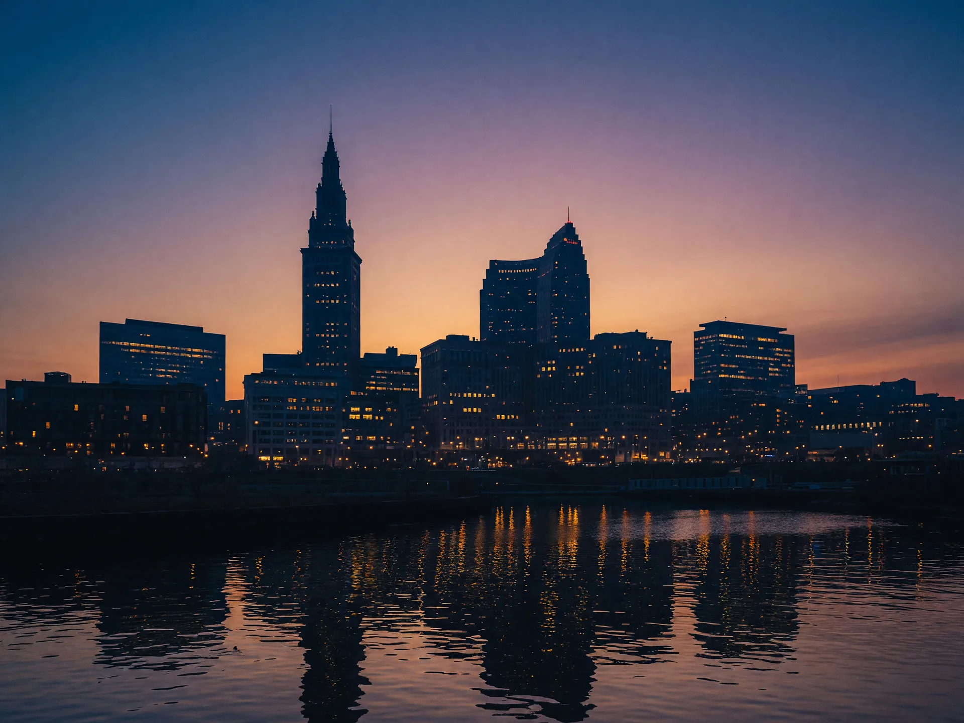 The Cleveland skyline at dusk seen across the Cuyahoga River