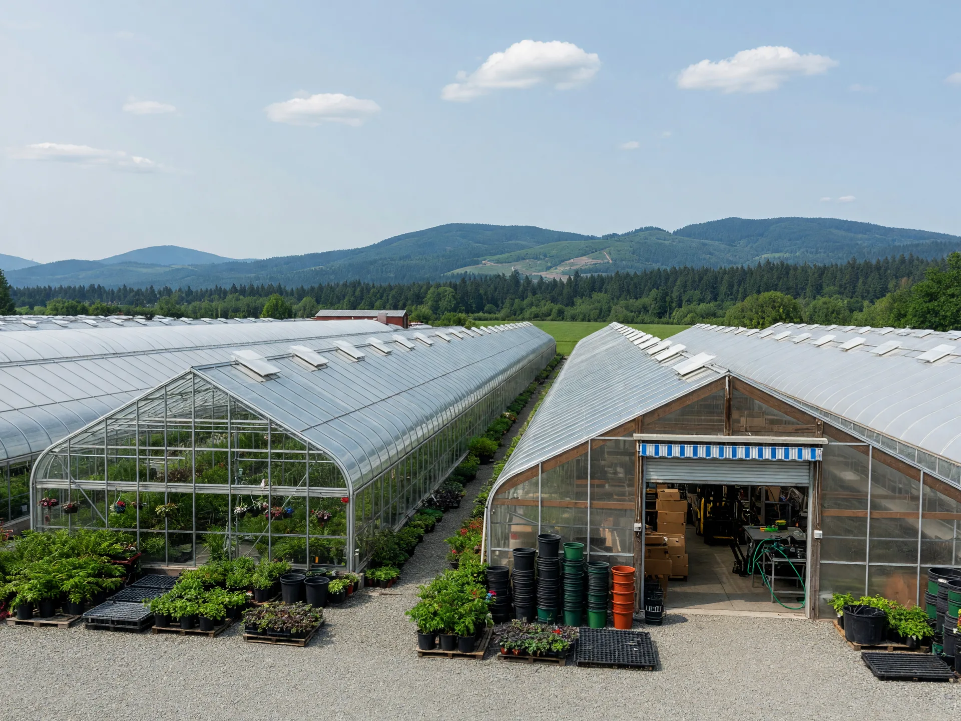 Modern greenhouses and a nursery yard on the edge of Cornelius with the Coast Range on the horizon