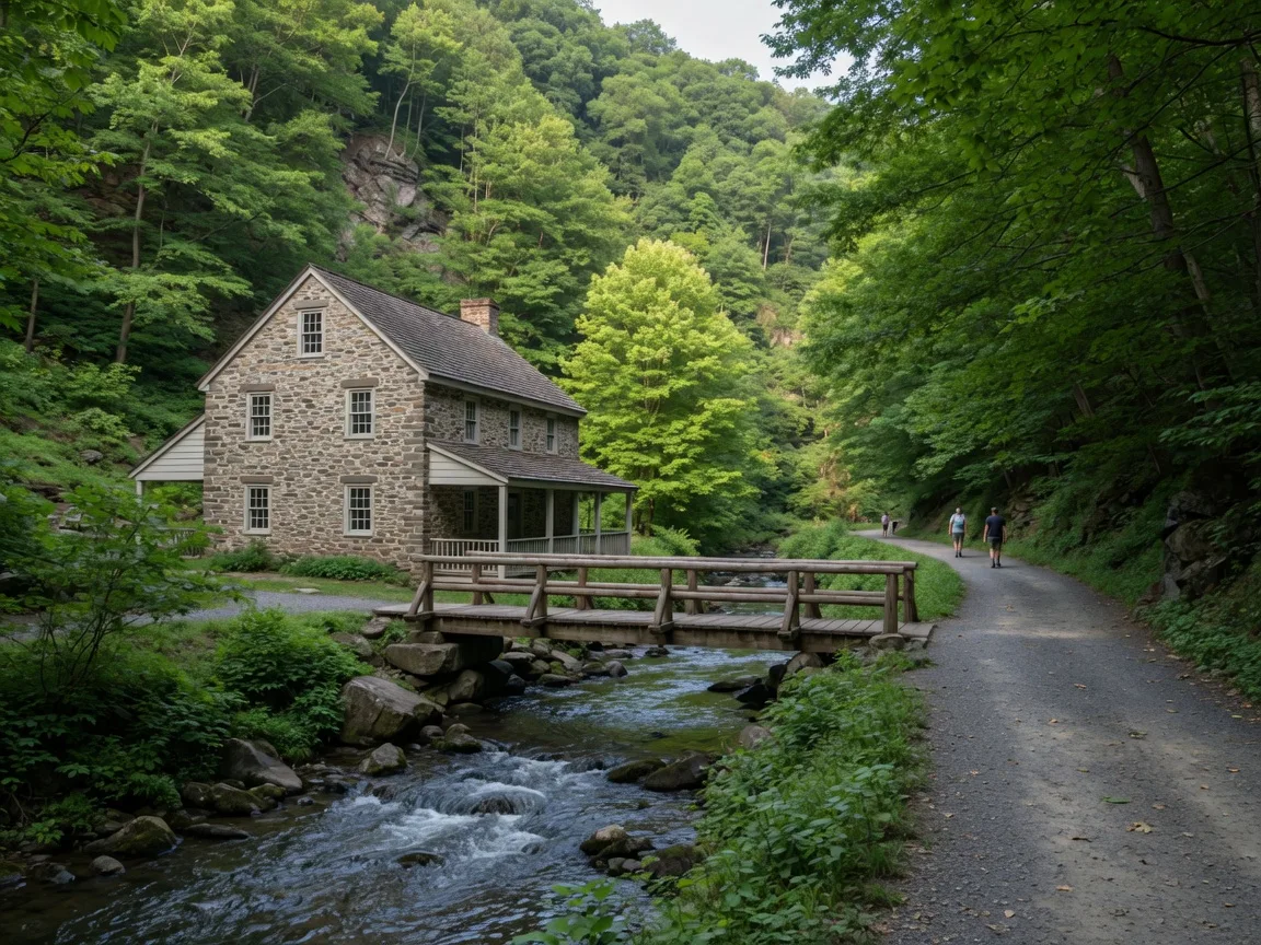 The historic Valley Green Inn beside a stone footbridge over the Wissahickon Creek in Wissahickon Valley Park