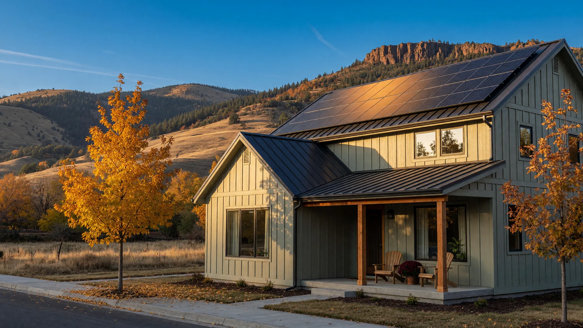 A new energy-efficient home in Southern Oregon with fiber-cement siding, rooftop solar panels, large windows, and golden autumn trees