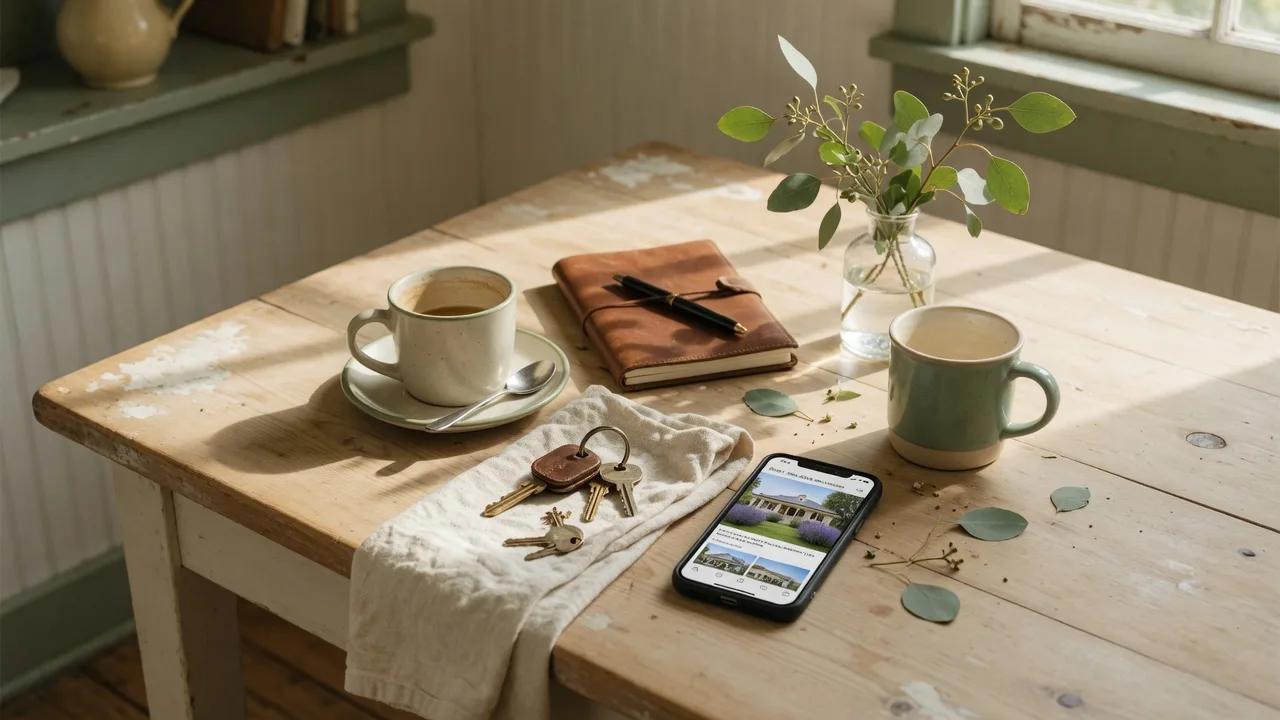 Two coffee mugs, a notebook, and house keys on a sunlit kitchen table during a relaxed conversation with an agent