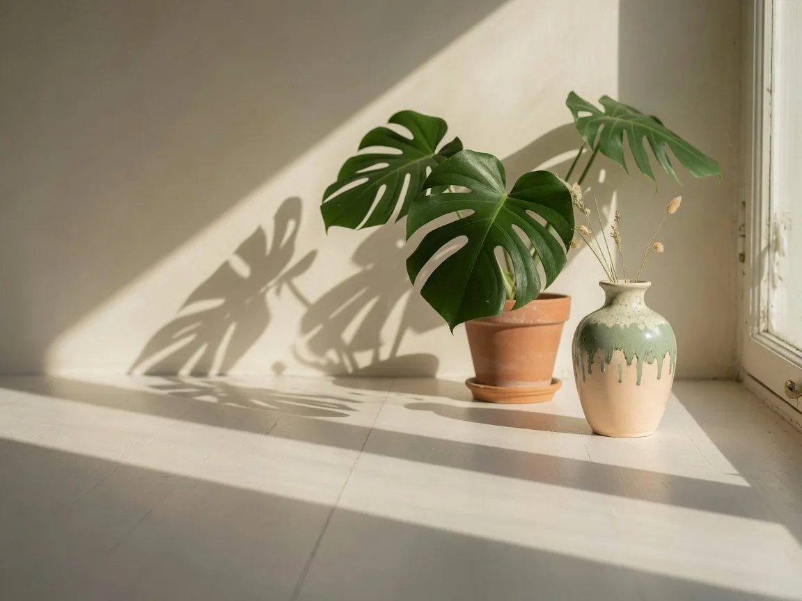Soft morning light falling on a potted plant beside a window