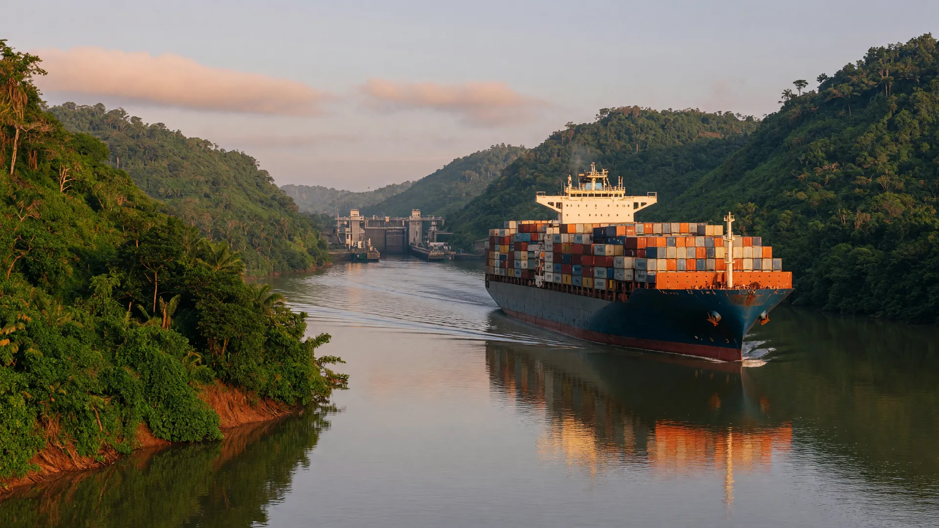 A large container ship transiting a tropical canal waterway at golden hour between green hills, with warm morning light on calm water