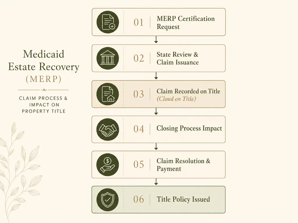 Flowchart showing how Medicaid Estate Recovery claims affect property title and the closing process in Texas