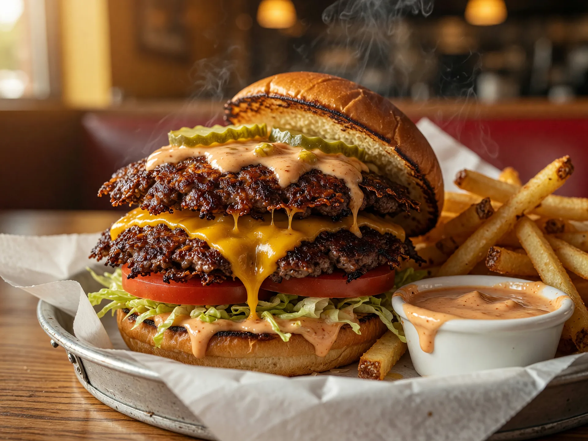 A double smash burger with crispy lacy-edged beef patties and melted cheddar, served with hand-cut fries at McAvoy's Cafe in Flowery Branch Georgia