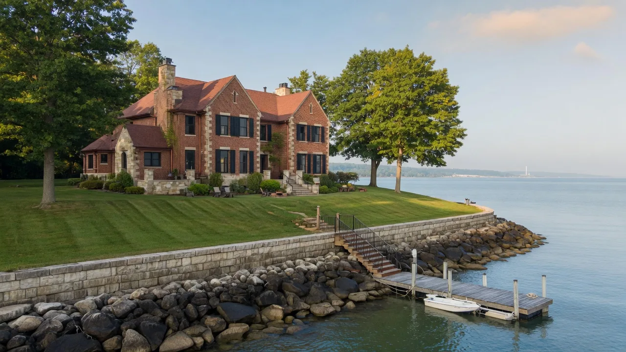 A luxury brick and stone lakefront home on a Lake Erie bluff with a stone seawall at the shoreline and steps down to a private dock in late-summer light