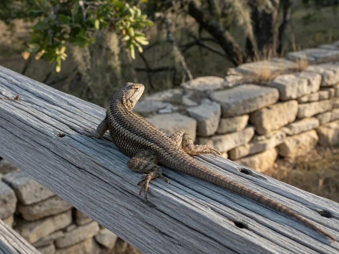 A Texas spiny lizard basking on a weathered fence rail, spiky scales catching the light.