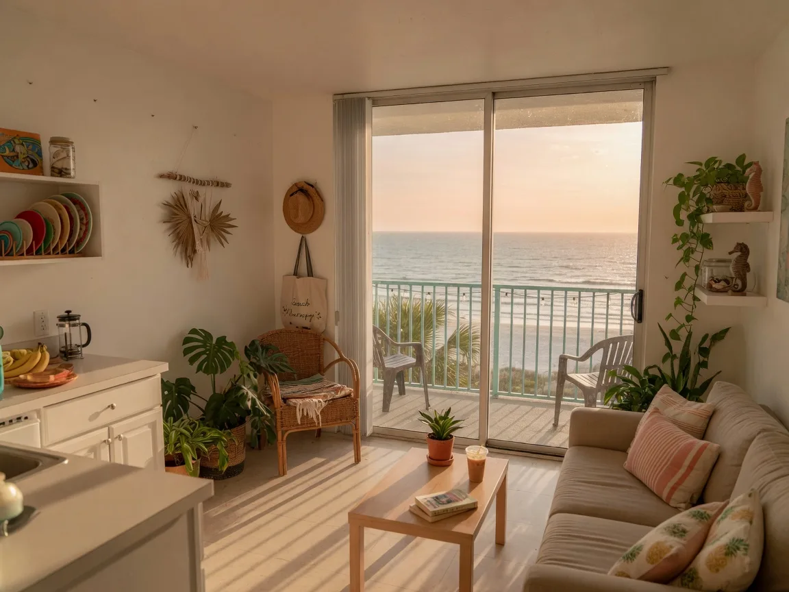 Cozy affordable beach condo interior with ocean view balcony representing Florida beach living under $300K
