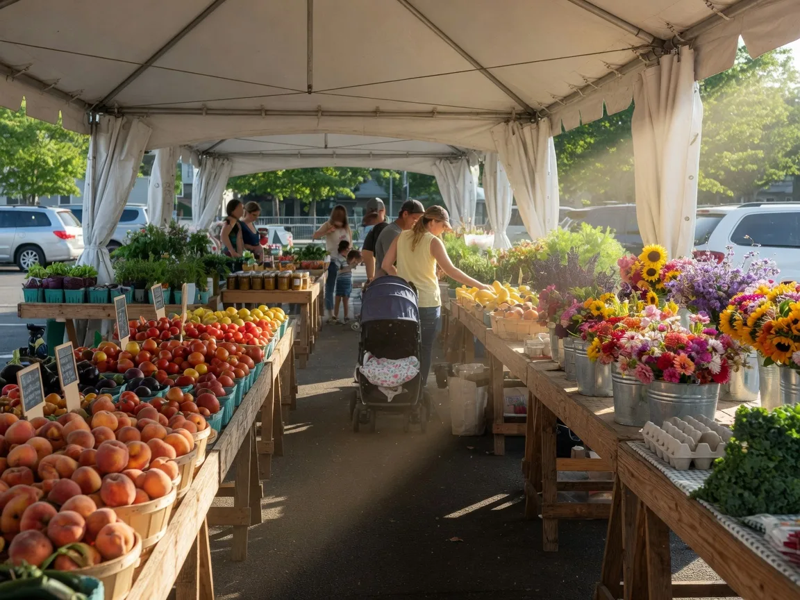 A bright farmers market with wooden stalls of fresh vegetables and cut flowers in Mount Laurel