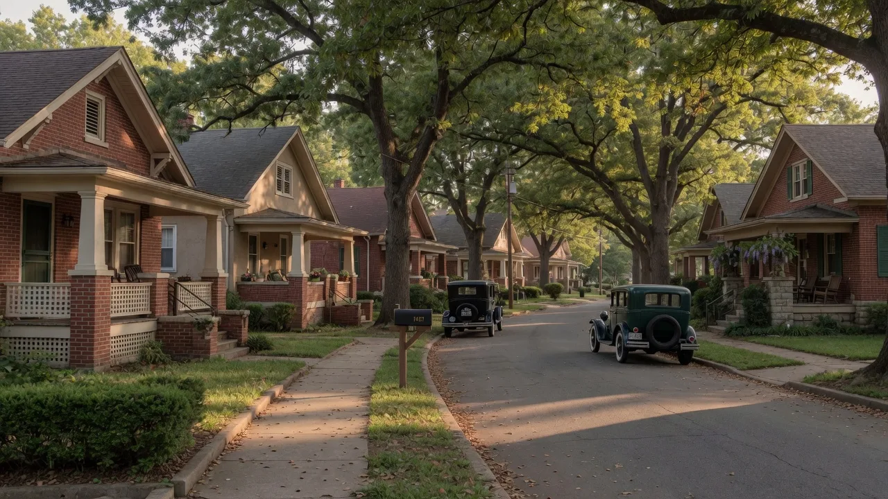 Tree-lined 1920s residential street in the Oakhurst neighborhood of east Charlotte NC with brick bungalow and craftsman homes at golden hour