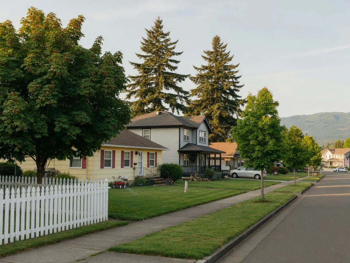 A leafy Cornelius residential street with well-kept family homes, mature maples, and the Coast Range hazy in the distance