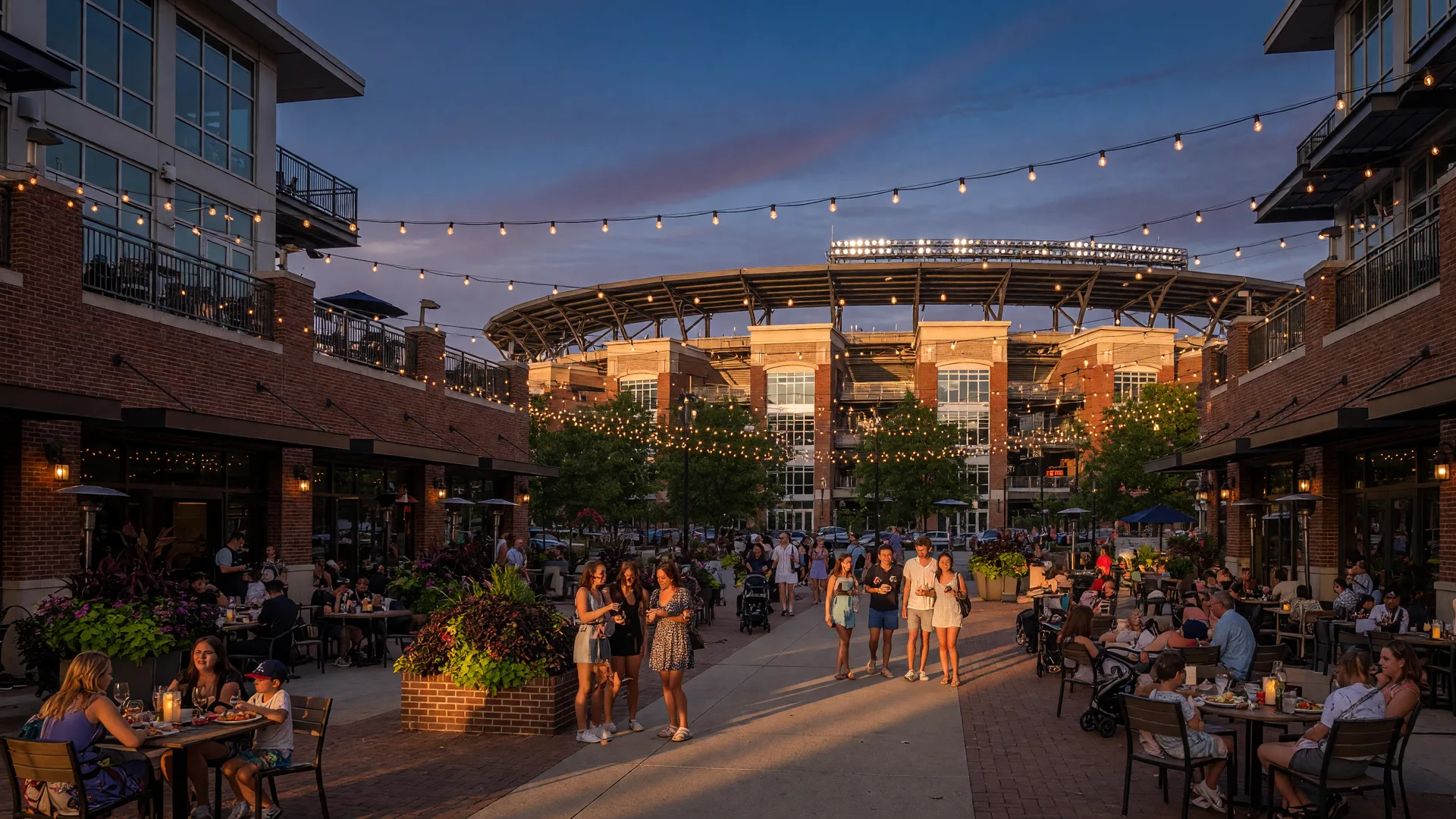 The Battery Atlanta entertainment district with outdoor dining, Truist Park, and string lights on a summer evening